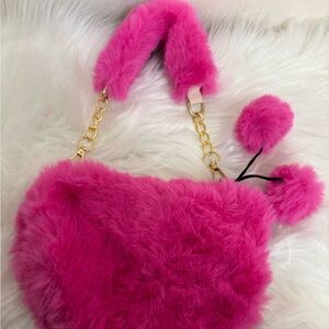 Fuzzy Pink Handbag with Gold Chain